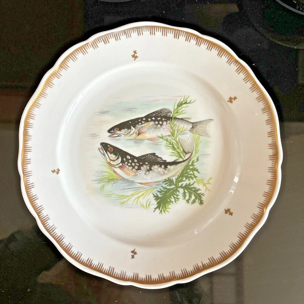 Hand Painted Fish Pattern Porcelain Dinner Plate Made In France Gold Gilt Rim